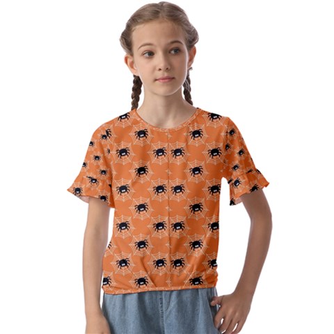 Halloween Black Orange Spiders Kids  Cuff Sleeve Scrunch Bottom Tee by ConteMonfrey