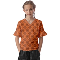 Halloween Black Orange Spider Web   Kids  V-neck Horn Sleeve Blouse by ConteMonfrey