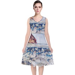 Fishes In Lake Garda V-Neck Midi Sleeveless Dress 