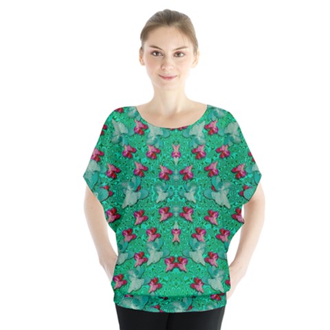 Beautiful Tropical Orchids Blooming Over Earth In Peace Batwing Chiffon Blouse by pepitasart