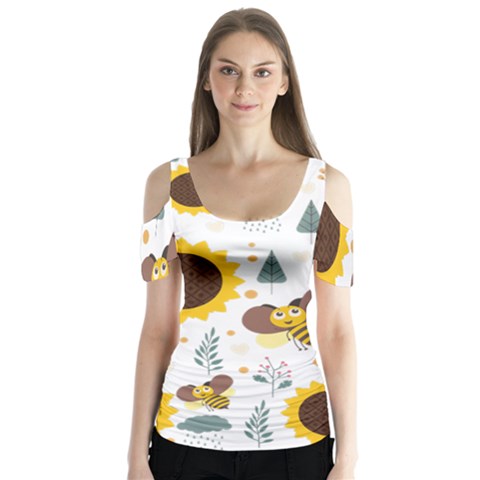 Nature Honeybee Sunflower Leaves Leaf Seamless Background Butterfly Sleeve Cutout Tee  by Jancukart