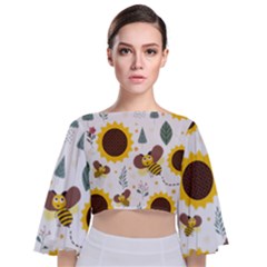 Nature Honeybee Sunflower Leaves Leaf Seamless Background Tie Back Butterfly Sleeve Chiffon Top by Jancukart