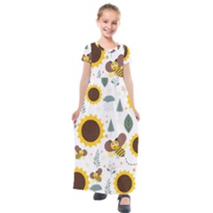 Nature Honeybee Sunflower Leaves Leaf Seamless Background Kids  Short Sleeve Maxi Dress