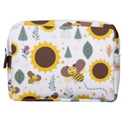 Nature Honeybee Sunflower Leaves Leaf Seamless Background Make Up Pouch (medium)