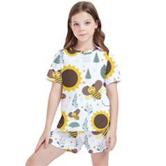 Nature Honeybee Sunflower Leaves Leaf Seamless Background Kids  Tee And Sports Shorts Set by Jancukart