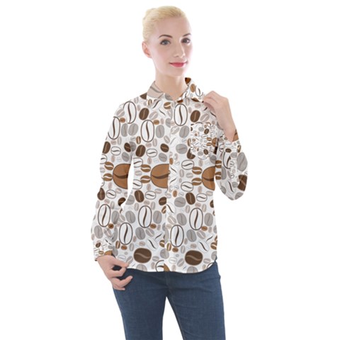 Brown Coffee Beans Pattern Women s Long Sleeve Pocket Shirt by Jancukart