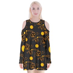 Halloween Background Pattern Velvet Long Sleeve Shoulder Cutout Dress by Ravend