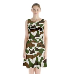 Camouflage Print Pattern Sleeveless Waist Tie Chiffon Dress