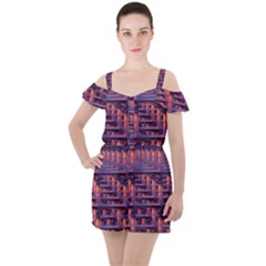 Abstract Pattern Colorful Background Ruffle Cut Out Chiffon Playsuit
