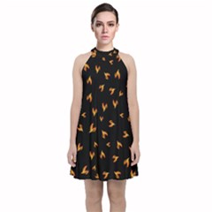 Pattern Flame Black Background Velvet Halter Neckline Dress 