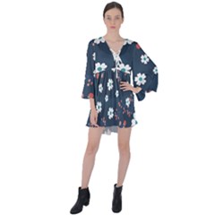 Floral Digital Paper Background V-Neck Flare Sleeve Mini Dress