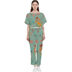 Background Flower Plant Leaves Batwing Lightweight Chiffon Jumpsuit