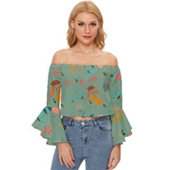 Background Flower Plant Leaves Off Shoulder Flutter Bell Sleeve Top by Ravend