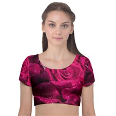 Water Rose Pink Background Flower Velvet Short Sleeve Crop Top  by Ravend