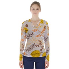 Leaves Flowers Background Wallpaper V-neck Long Sleeve Top