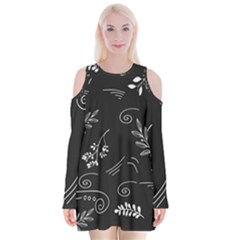 Leaves Doodle Digital Paper Foliage Velvet Long Sleeve Shoulder Cutout Dress