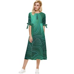 Green Line Shape Stripe Corolla Bow Sleeve Chiffon Midi Dress