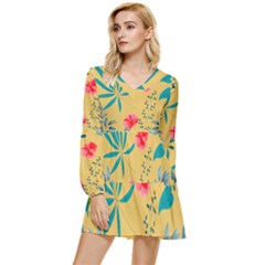 Nature Floral Flower Petal Leaves Leaf Plant Tiered Long Sleeve Mini Dress