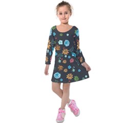 Floral Flower Leaves Background Floral Kids  Long Sleeve Velvet Dress