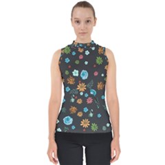 Floral Flower Leaves Background Floral Mock Neck Shell Top