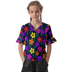 Background Flower Floral Bloom Kids  V-neck Horn Sleeve Blouse