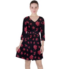 Red Autumn Leaves Autumn Forest Quarter Sleeve Ruffle Waist Dress