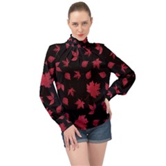 Red Autumn Leaves Autumn Forest High Neck Long Sleeve Chiffon Top