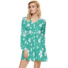 Pattern Background Daisy Flower Floral Tiered Long Sleeve Mini Dress