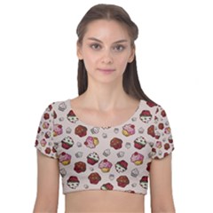 Cake Cupcake Sweet Dessert Food Velvet Short Sleeve Crop Top  by Ravend