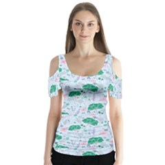 Illustration Flower Pattern Wallpaper Seamless Butterfly Sleeve Cutout Tee 