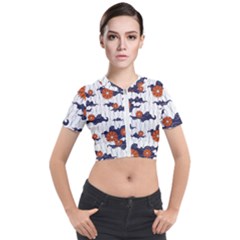 Blue And White Pottery Pattern Short Sleeve Cropped Jacket