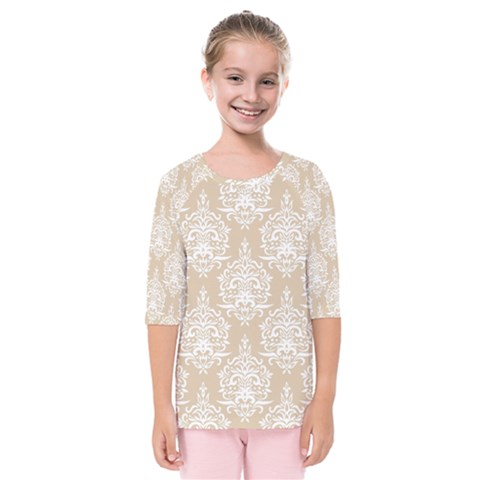 Clean Brown And White Ornament Damask Vintage Kids  Quarter Sleeve Raglan Tee by ConteMonfrey