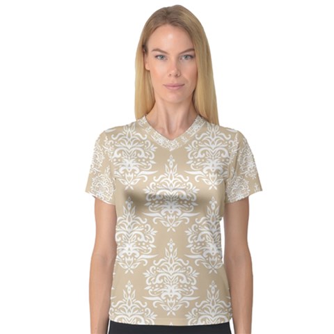 Clean Brown And White Ornament Damask Vintage V-neck Sport Mesh Tee by ConteMonfrey