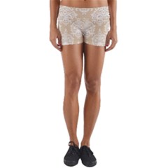 Clean Brown And White Ornament Damask Vintage Yoga Shorts by ConteMonfrey