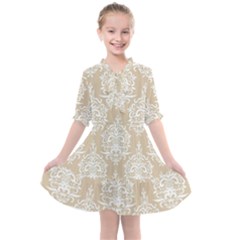 Clean Brown And White Ornament Damask Vintage Kids  All Frills Chiffon Dress by ConteMonfrey