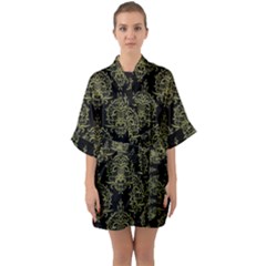 Black And Green Ornament Damask Vintage Half Sleeve Satin Kimono  by ConteMonfrey