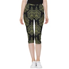 Black And Green Ornament Damask Vintage Inside Out Lightweight Velour Capri Leggings  by ConteMonfrey