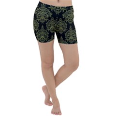 Black And Green Ornament Damask Vintage Lightweight Velour Yoga Shorts by ConteMonfrey