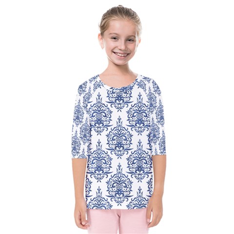 Blue And White Ornament Damask Vintage Kids  Quarter Sleeve Raglan Tee by ConteMonfrey