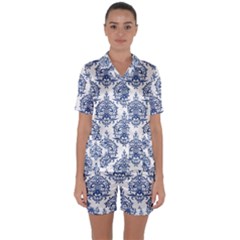 Blue And White Ornament Damask Vintage Satin Short Sleeve Pajamas Set