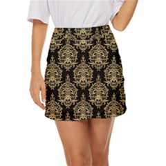 Black And Cream Ornament Damask Vintage Mini Front Wrap Skirt