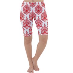 White And Red Ornament Damask Vintage Cropped Leggings 