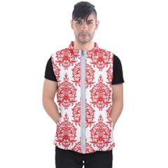 White And Red Ornament Damask Vintage Men s Puffer Vest by ConteMonfrey