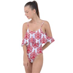 White And Red Ornament Damask Vintage Drape Piece Swimsuit by ConteMonfrey