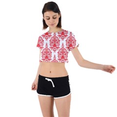 White And Red Ornament Damask Vintage Tie Back Short Sleeve Crop Tee by ConteMonfrey