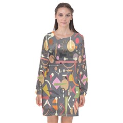 Illustration Shape Tribal Pattern Round Long Sleeve Chiffon Shift Dress  by Wegoenart