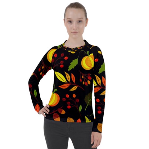 Pumpkin Fall Autumn Pattern Women s Pique Long Sleeve Tee by Wegoenart