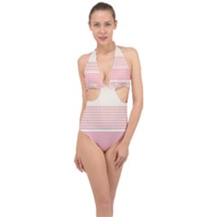 Background Pink Beige Decorative Halter Front Plunge Swimsuit