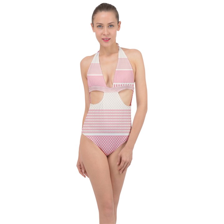 Background Pink Beige Decorative Halter Front Plunge Swimsuit