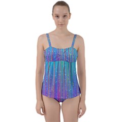 Blue Magenta Speckles Line Twist Front Tankini Set by Wegoenart